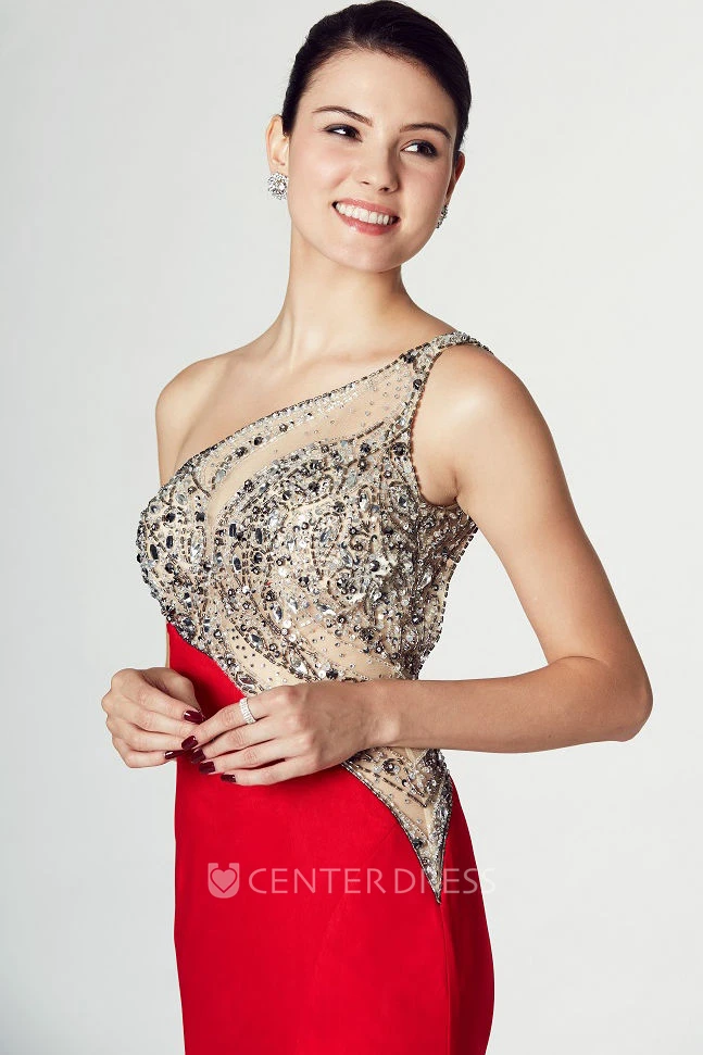 Sheath One-Shoulder Split-Front Sleeveless Jersey Prom Dress