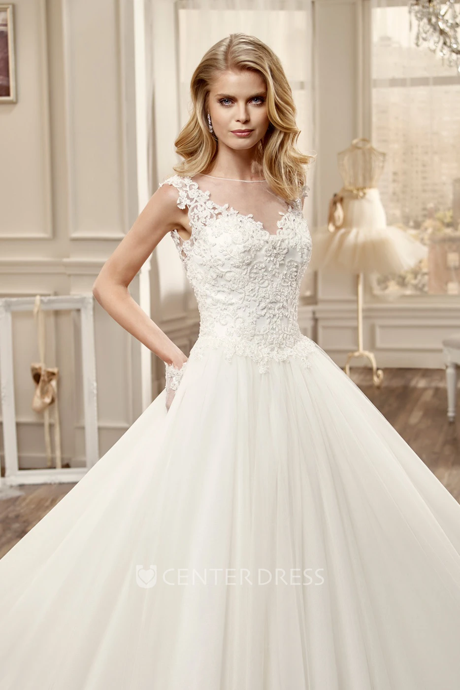 Cap-Sleeve Wedding Dress with Pleated Skirt and Lace Bodice