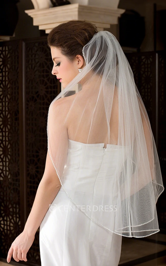 Simple Elegant Waterfall One-Tier Fingertip Length Tulle Beading Wedding Veil with Comb