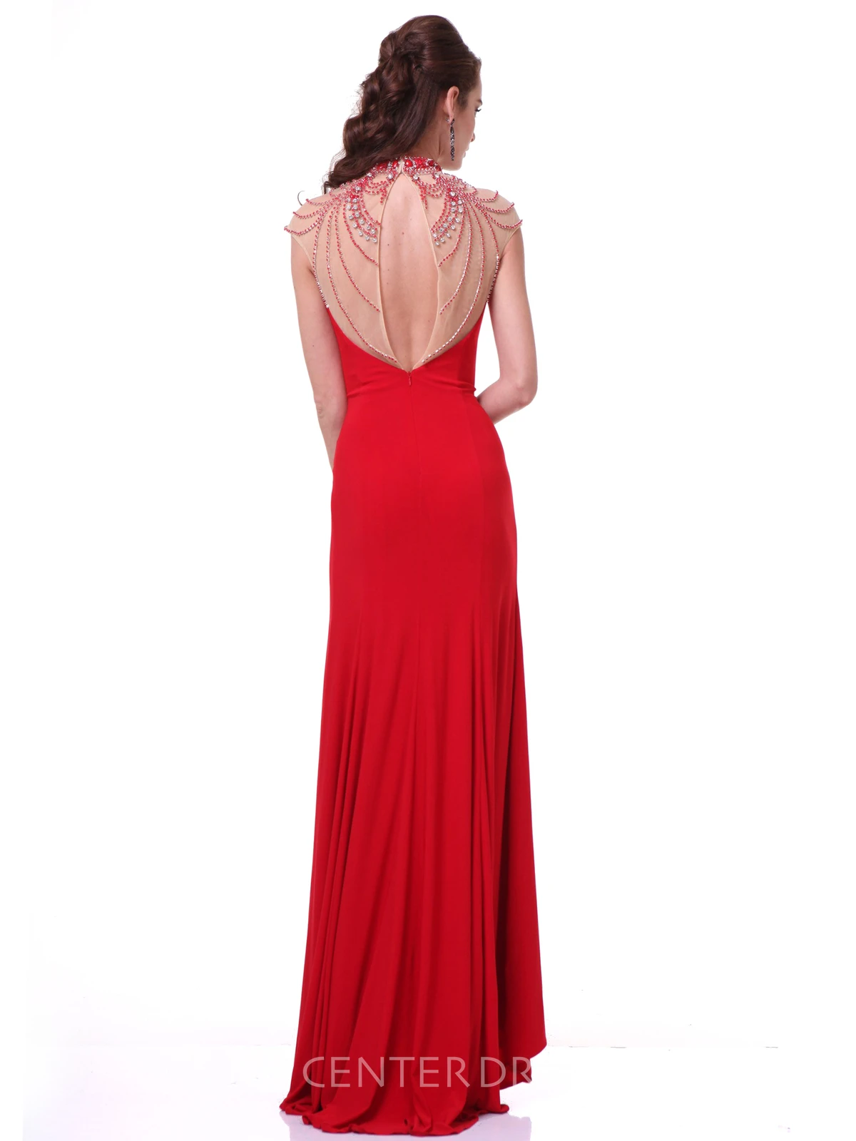 Sheath High Neck Cap-Sleeve Jersey Keyhole Dress With Crystal Detailing