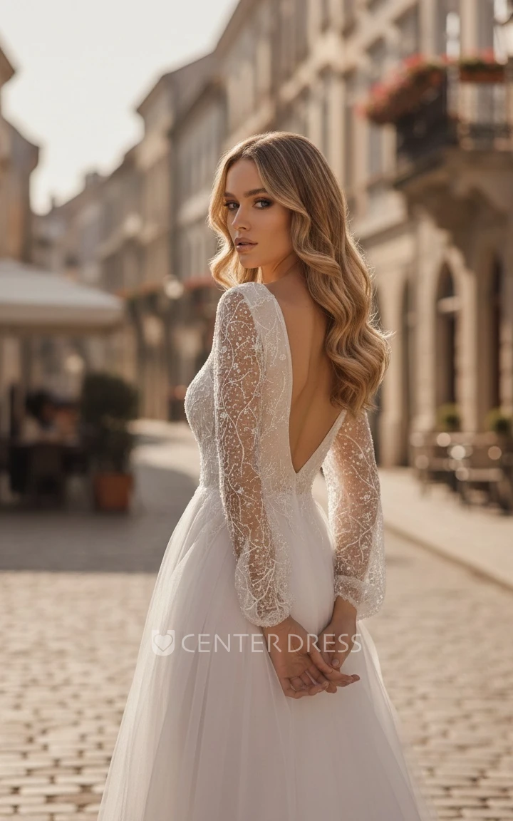 Modern Casual Boho Lace Sequins A-Line Long Sleeve Spring Wedding Dress with Beading Ethereal Flowy Tulle Maxi Low Back Bridal Gown