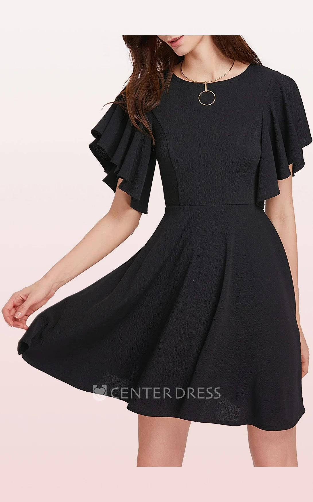 A Line Short Sleeve Jersey Modest Elegant Zipper Dress with Pleats