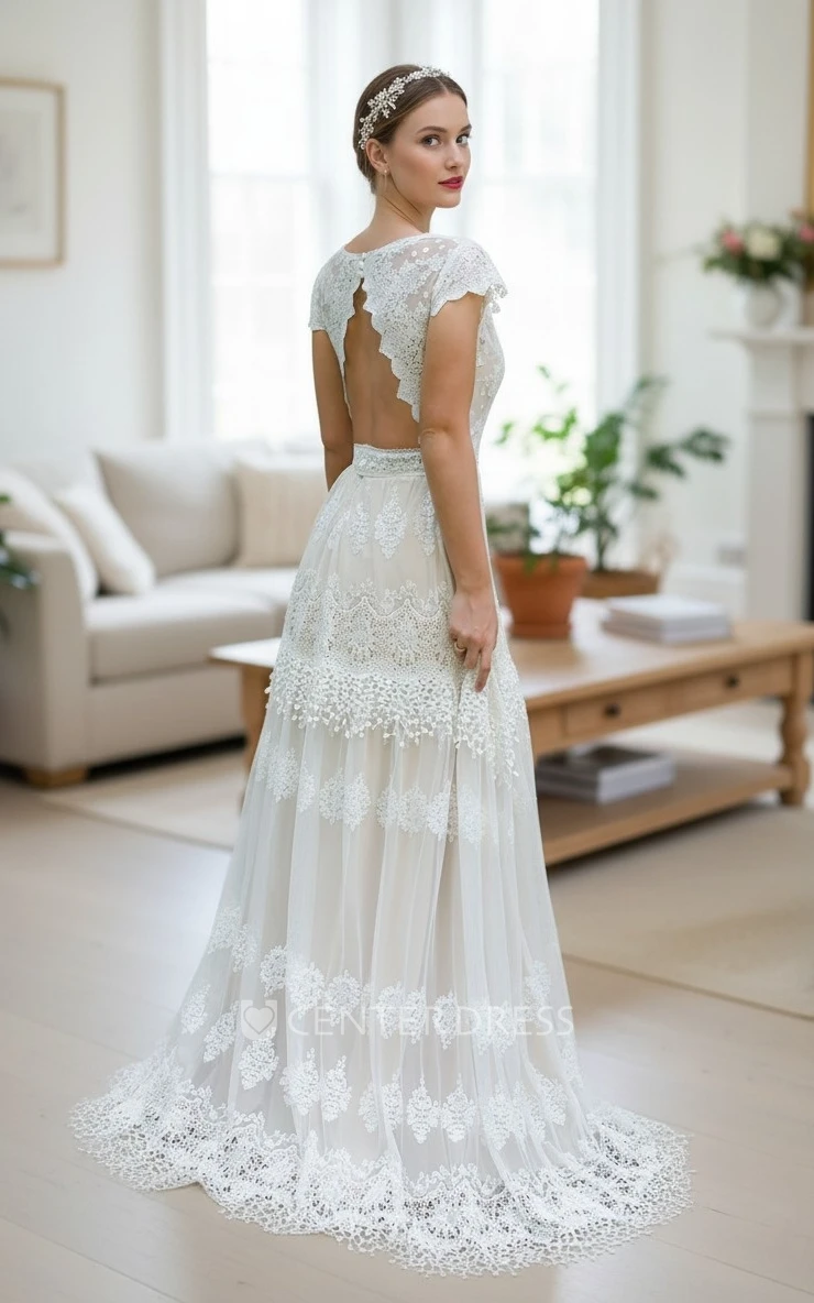 Vintage Lace Boho Beach Cap Sleeves Wedding Dress Romantic Country A-Line Deep V Neck Open Back Bridal Gown