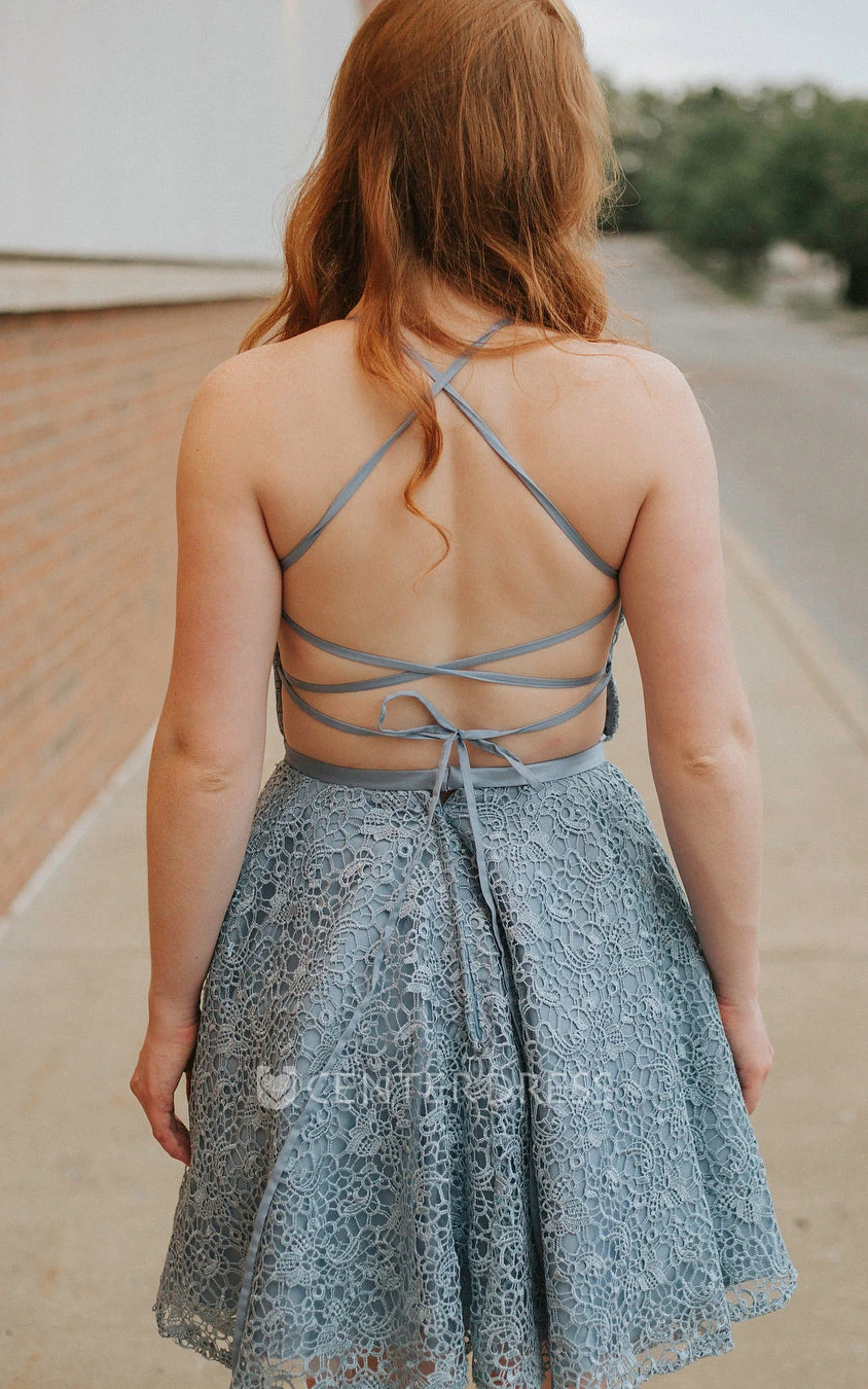 Casual Lace Plunging Neckline A Line Homecoming Dress With Open Back And Appliques