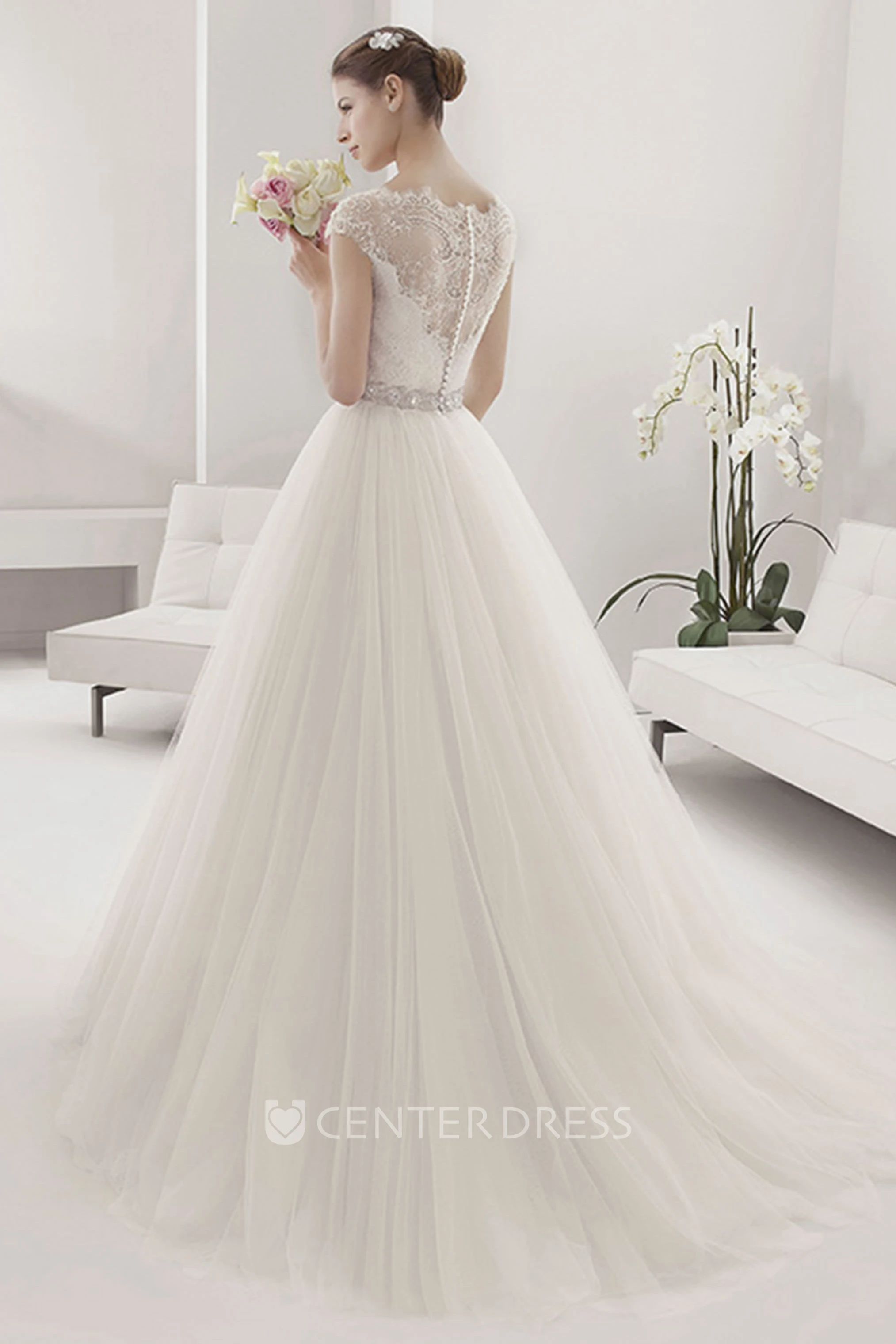 Scalloped V Neck Cap Sleeve Tulle Ball Gown With Lace Top And Beading Floral Waist