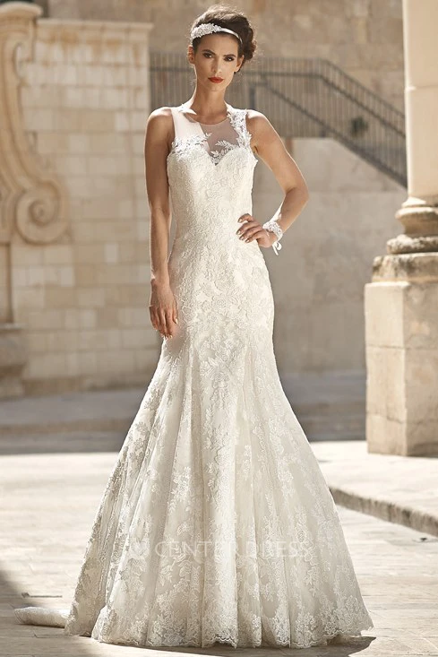 Mermaid Sleeveless Scoop-Neck Appliqued Floor-Length Lace Wedding Dress