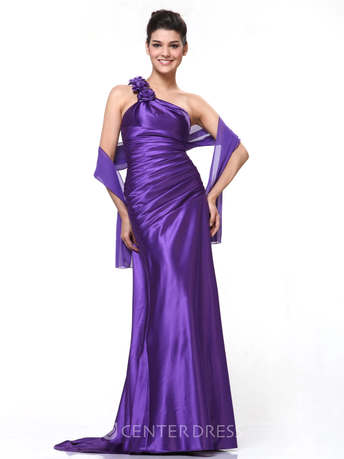 Sheath One-Shoulder Sleeveless Satin Dress With Flower And Ruching