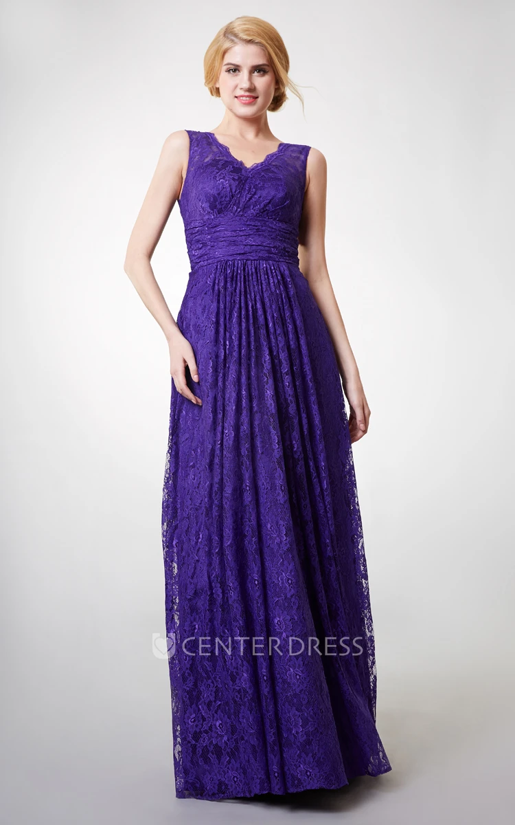 Country Style V-neck Long Lace Bridesmaid Dress