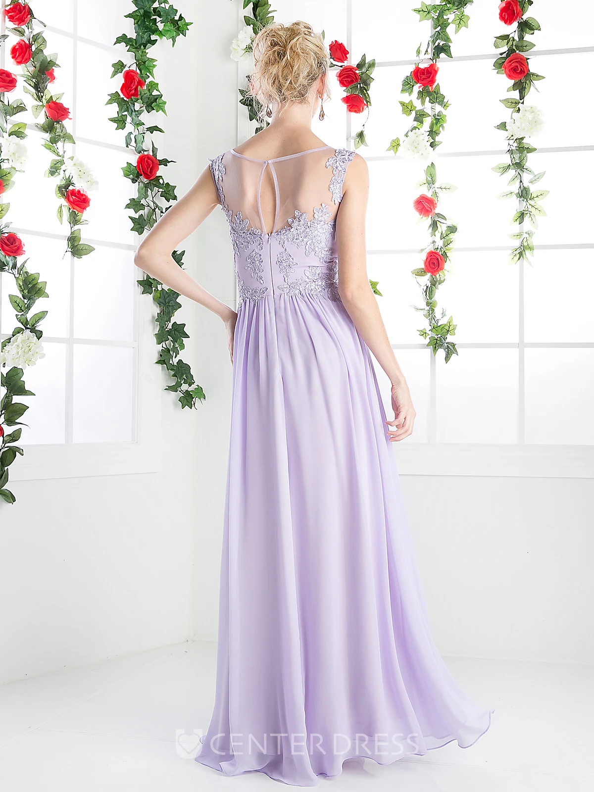 Sheath Ankle-Length Scoop-Neck Sleeveless Chiffon Illusion Dress With Appliques