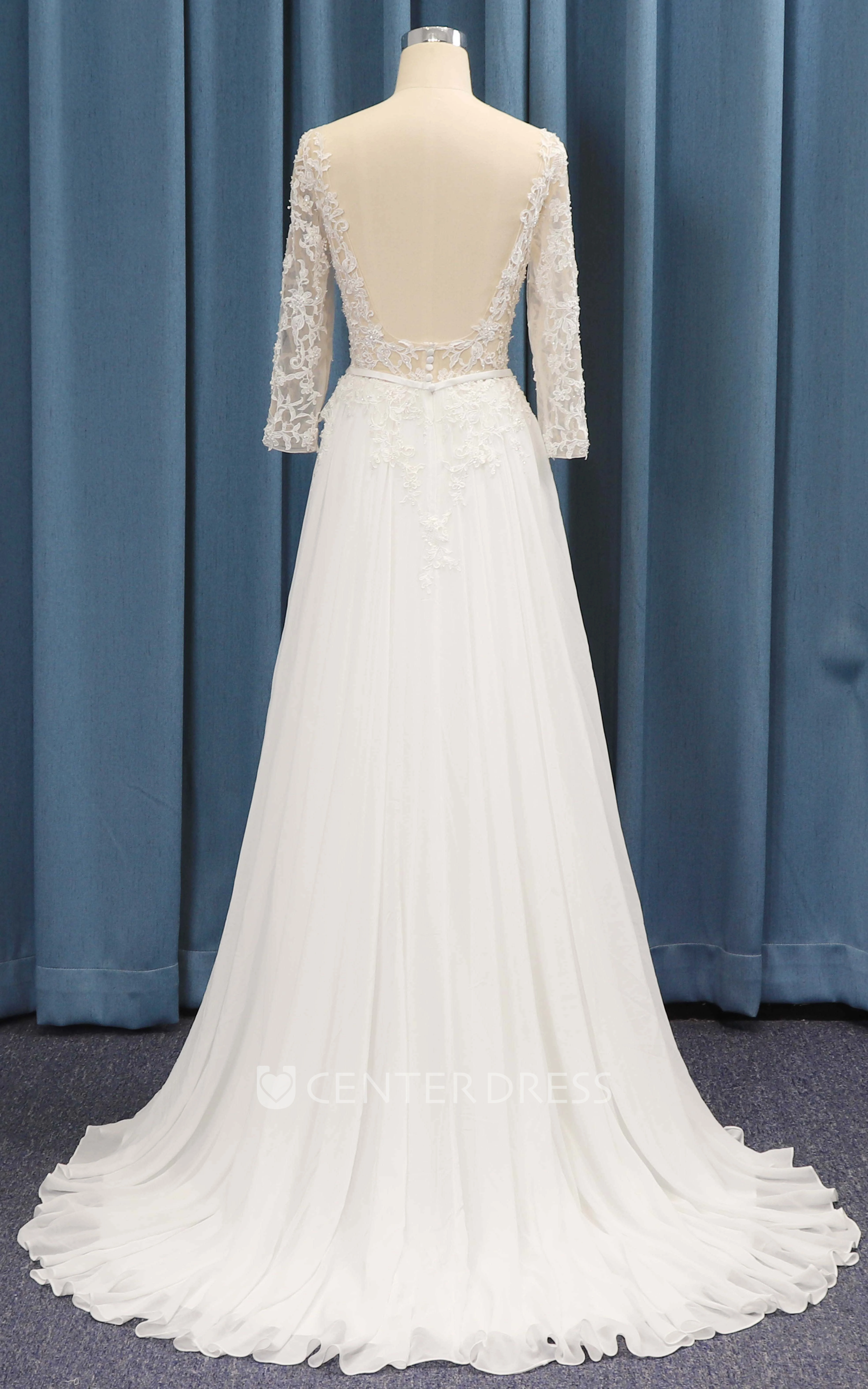 A-line 3/4 Sleeve Lace Top And Chiffon Ruching With Sash Adorable Wedding Dress