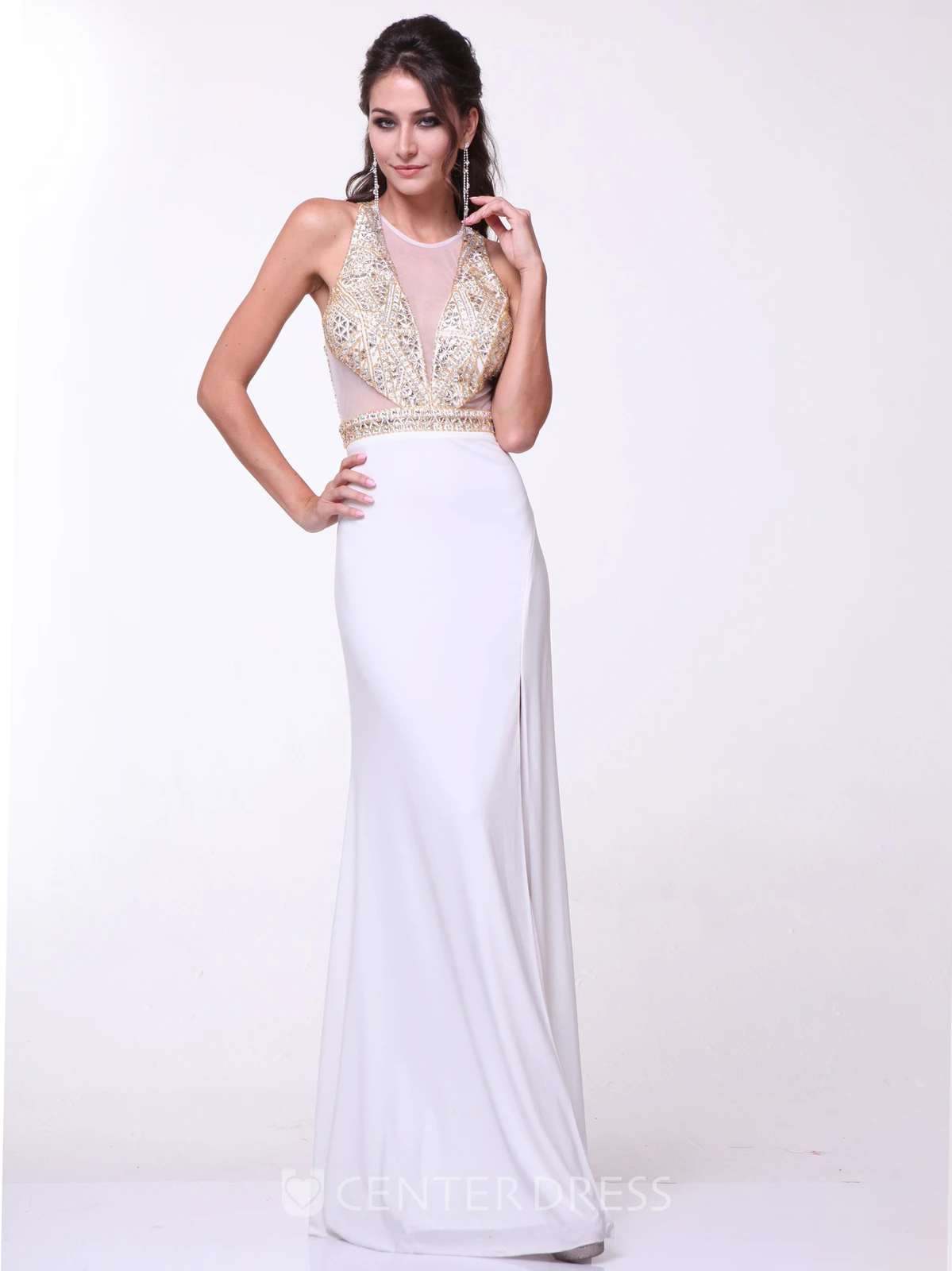 Sheath Floor-Length Jewel-Neck Sleeveless Jersey Dress With Beading