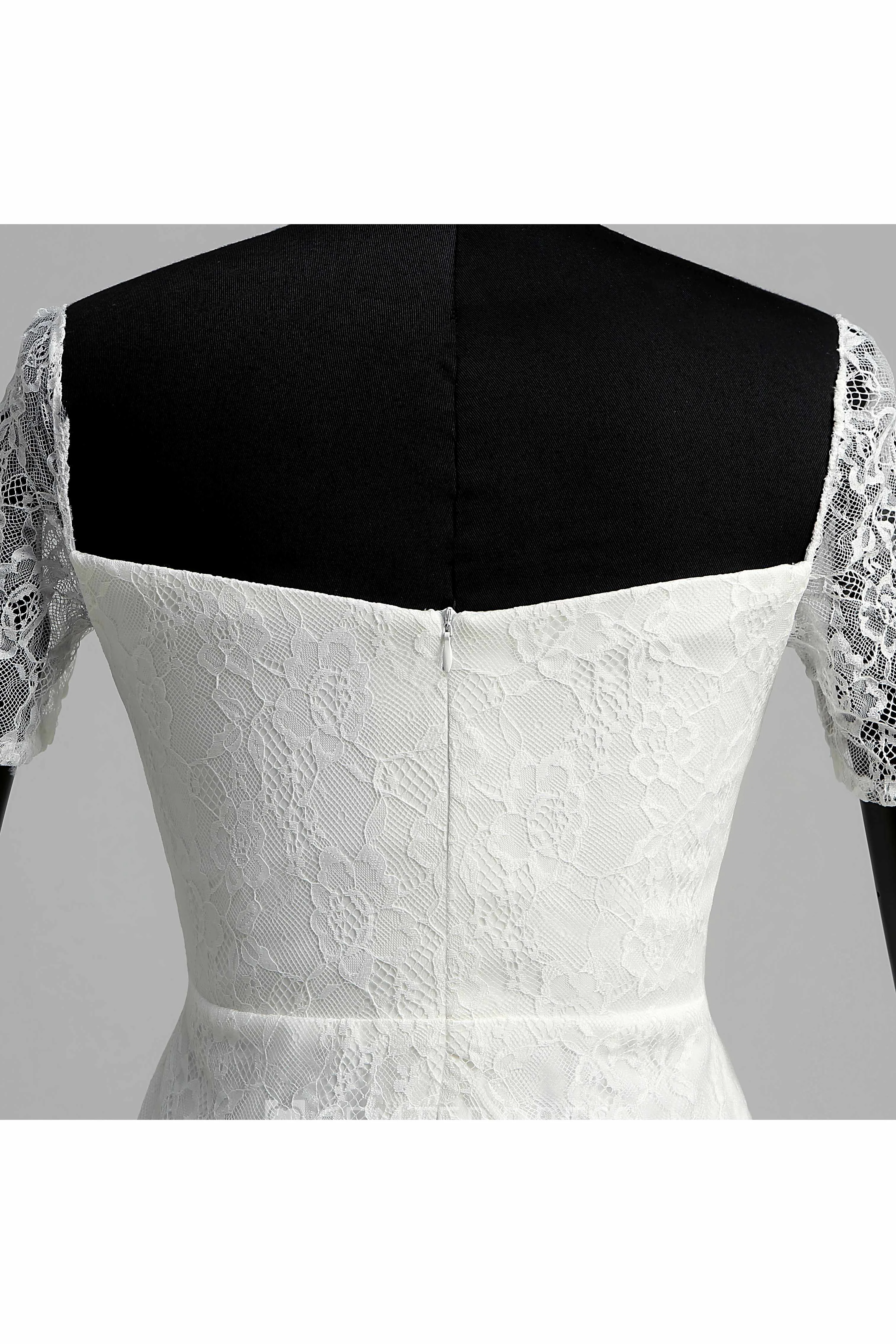Lace Mermaid Off-the-shoulder Illusion Short Sleeve Wedding Dress with Pleats
