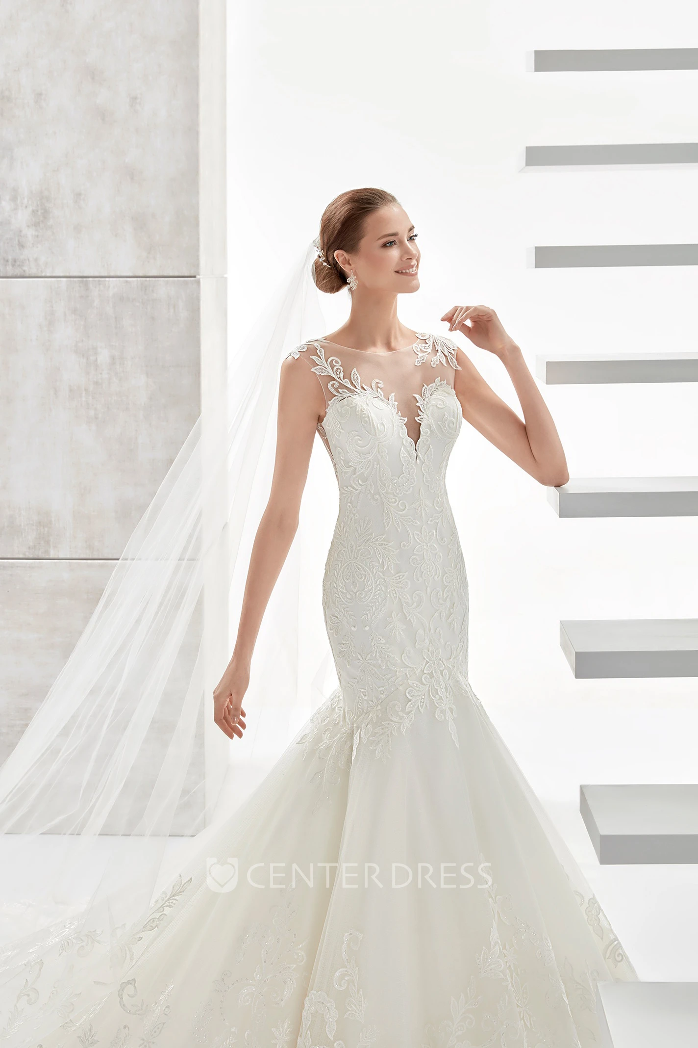 Jewel-Neck Sheath Lace Mermaid Wedding Dress With Illusive Design And Brush Train