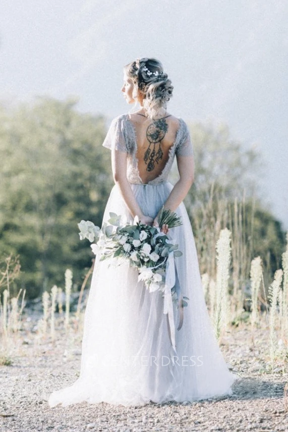 Simple Bohemian Lace Appliqued Tulle Wedding Dress With Open Back