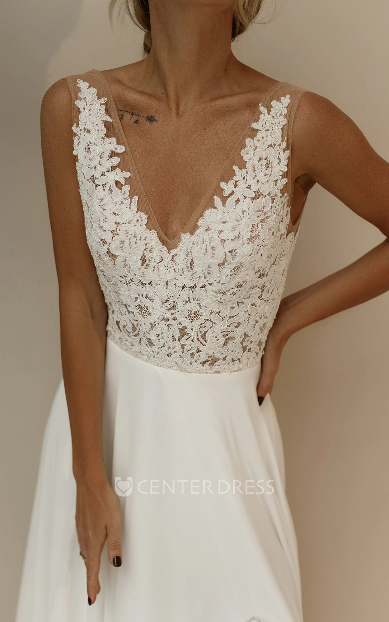 Lace Bohemian A-Line V-neck Garden Spring Wedding Dress With Low-V Back And Split Front