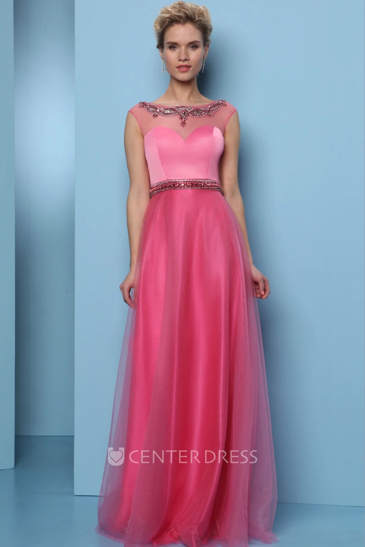 A-Line Scoop-Neck Sleeveless Long Beaded Tulle&Satin Prom Dress With Waist Jewellery