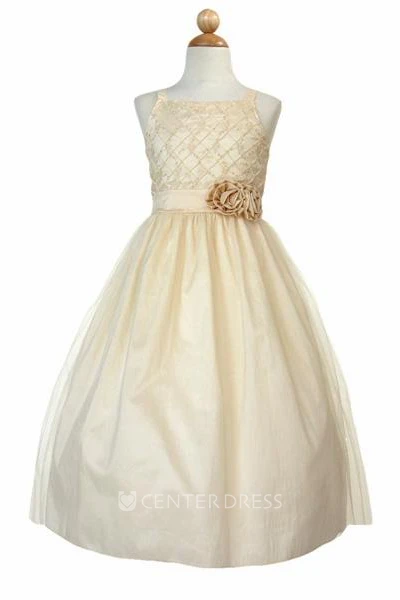 Tea-Length Sleeveless Embroideried Tulle&Taffeta Flower Girl Dress