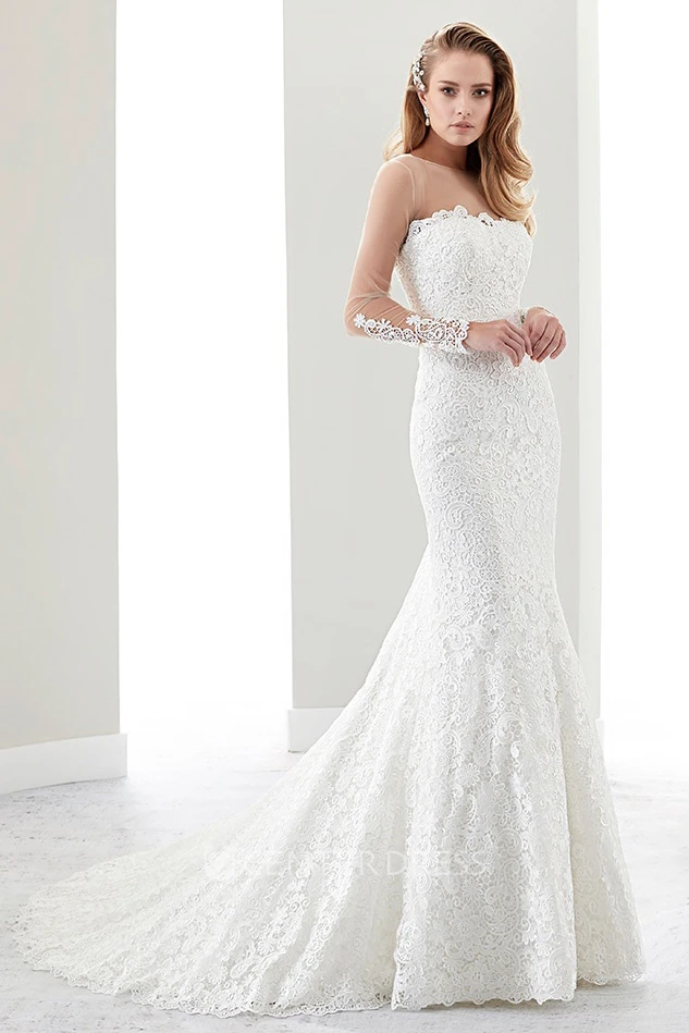Strapless Brush-Train Sheath Mermaid Lace Gown With Keyhole Back