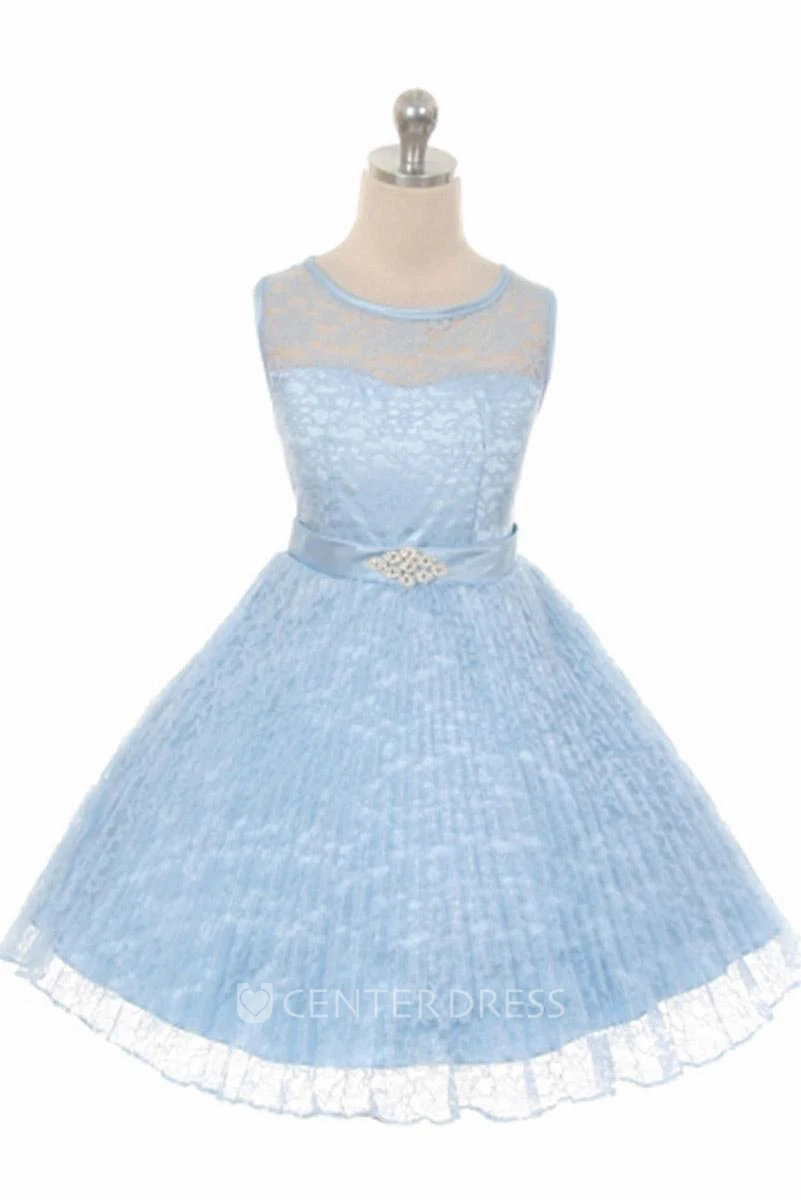 Tea-Length Illusion Pleated Lace&Satin Flower Girl Dress