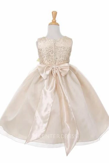 Tea-Length Tiered Organza&Satin Flower Girl Dress