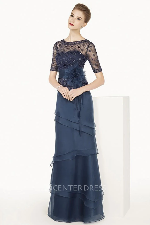 Short Sleeve Layered Chiffon Long Dress With Flower Sash And Beading-net Top