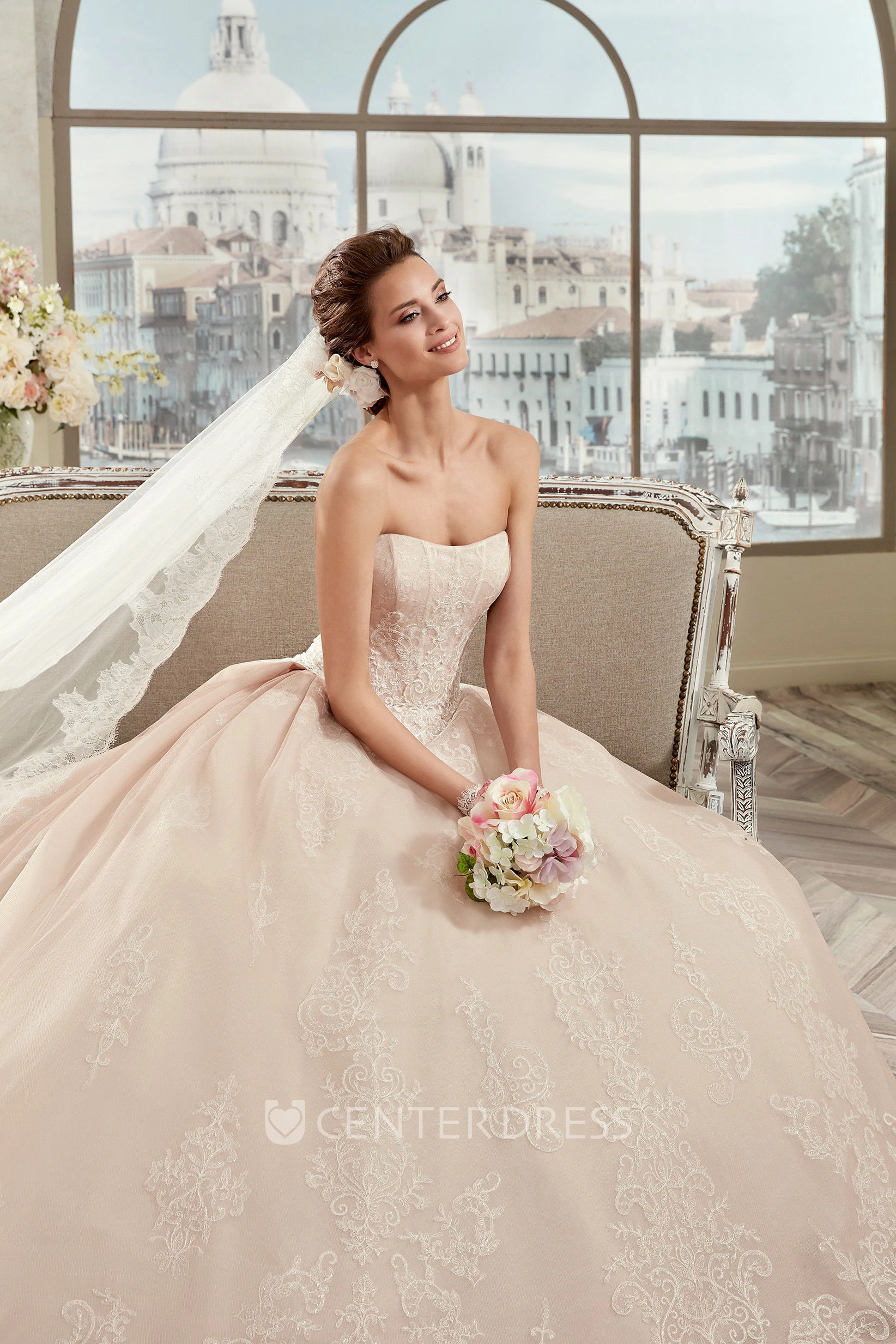 Lovely Strapless A-Line Bridal Gown With Fine Appliques And Open Back