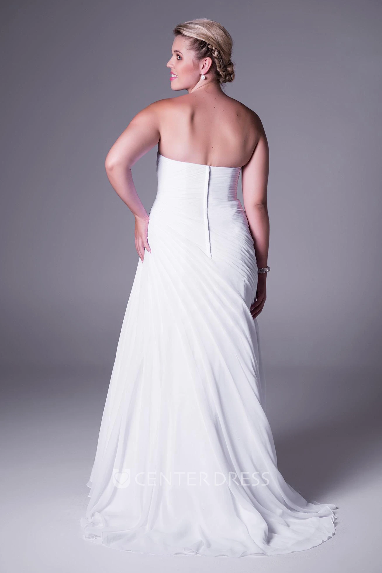Long Strapless Draped Chiffon Plus Size Wedding Dress With Waist Jewellery And Brush Train