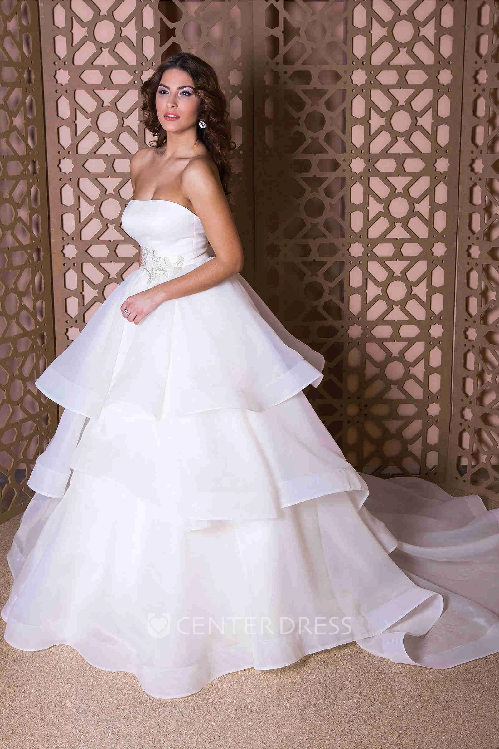 A-Line Strapless Sleeveless Floor-Length Beaded Organza Wedding Dress With Tiers
