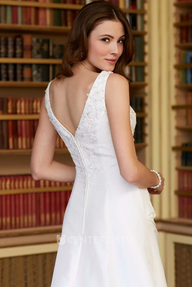A-Line Long Beaded V-Neck Sleeveless Satin Wedding Dress With Low-V Back And Side Draping