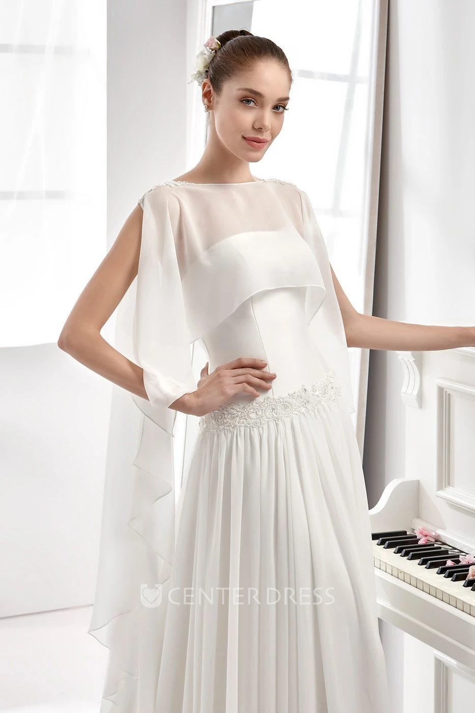 Strapless Wedding Dress With Pleated Draping Skirt and Appliqued Waistline'