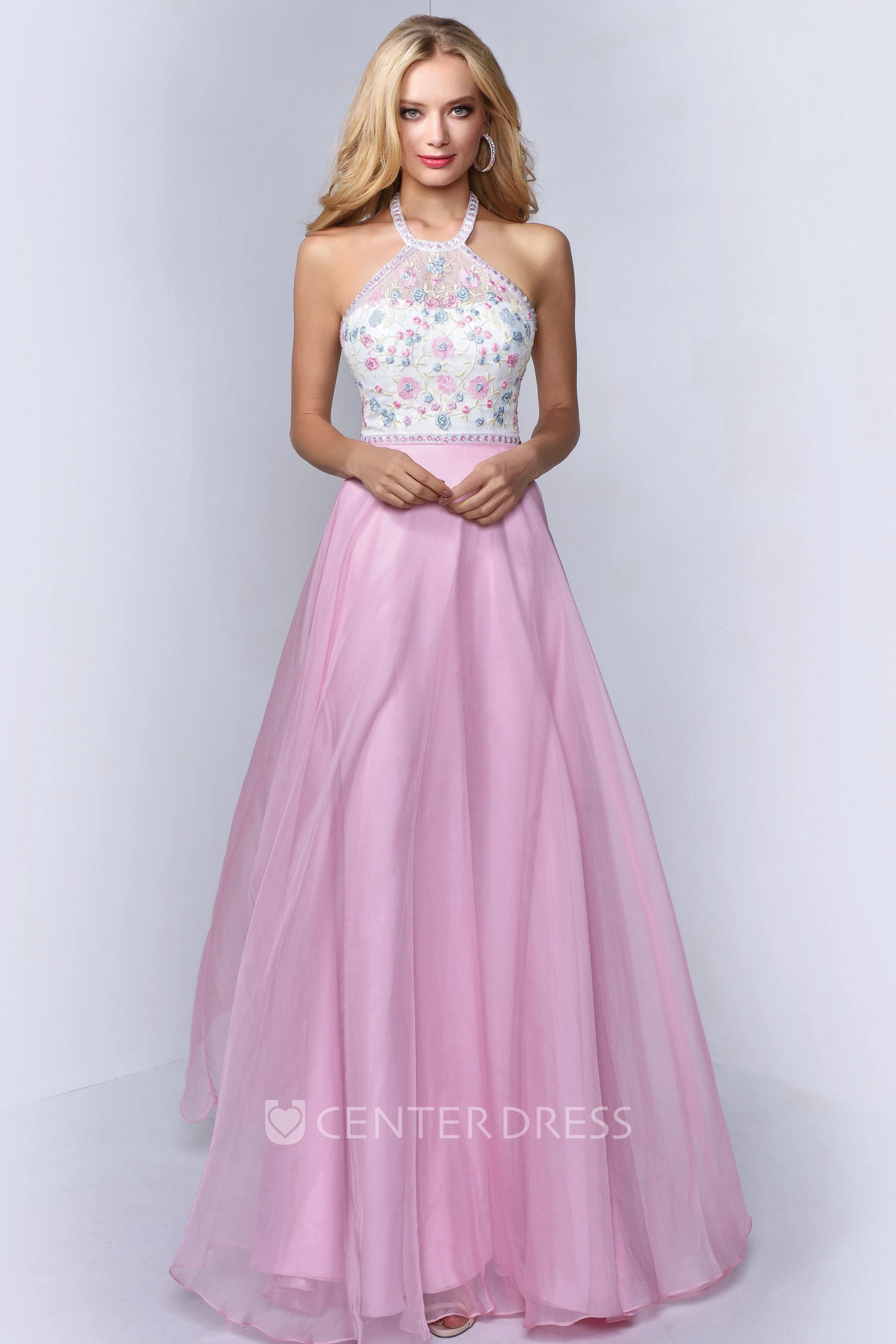 A-Line Maxi Halter Sleeveless Backless Dress With Appliques And Flower