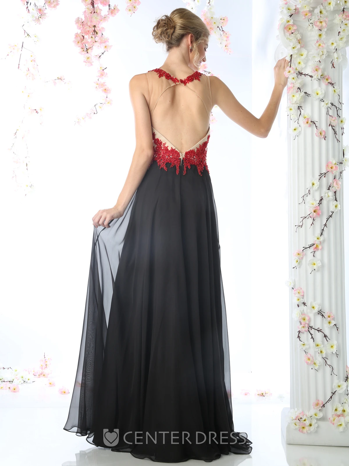 Muti-Color A-Line Maxi Jewel-Neck Sleeveless Chiffon Keyhole Dress With Appliques