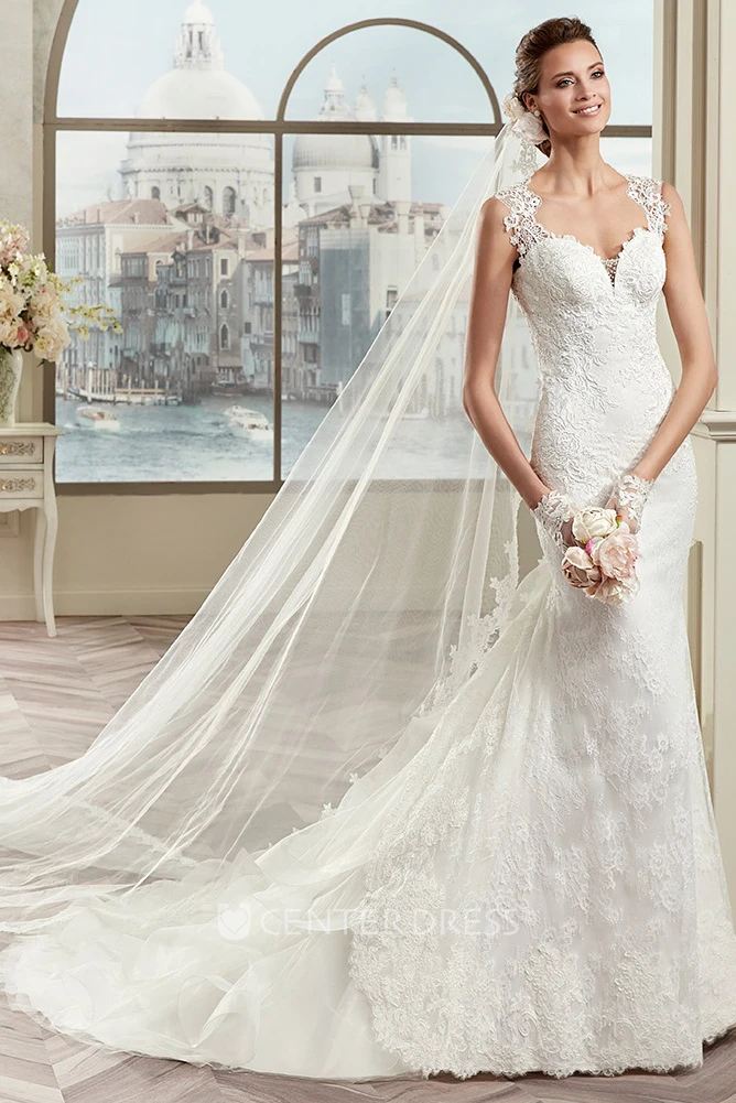 Sweetheart Lace Mermaid Bridal Gown With Appliques Straps And Court Train