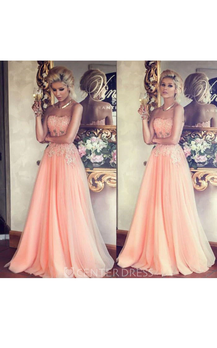 Sweetheart Sleeveless Appliques Long Tulle Lace Dress