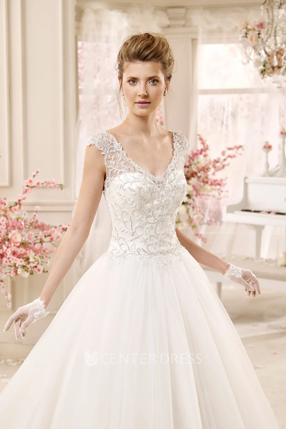 Cap sleeve A-line Wedding Gown with Lace Bodice and Keyhole Back