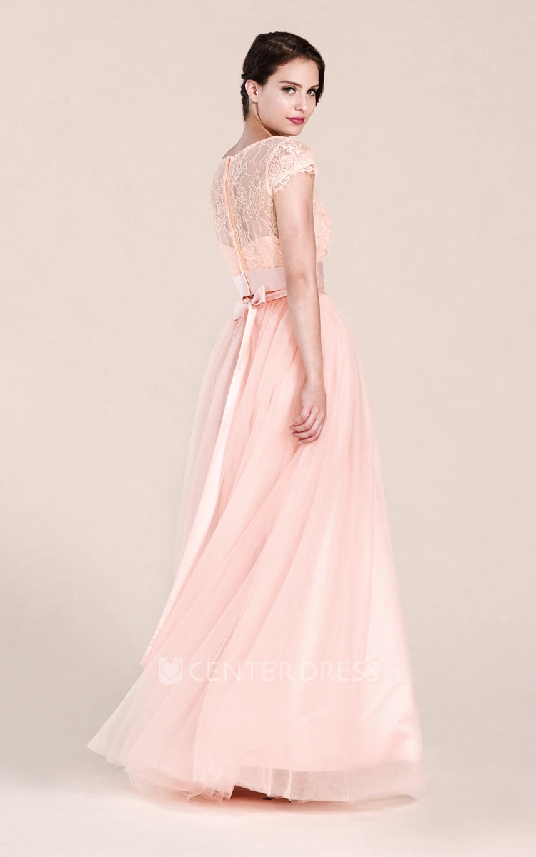 Cap Sleeve A-line Lace Tulle Bridesmaid Dress With Ribbon Belt