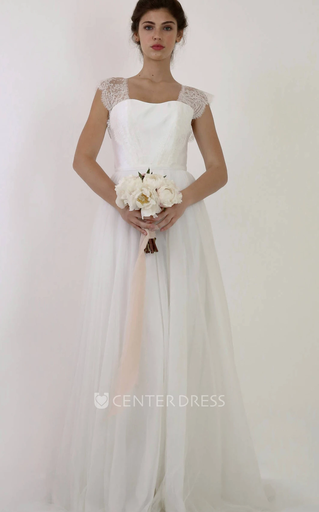 Casual A Line Tulle Scoop Brush Train Sleeveless Floor-Length Wedding Dress With Bow