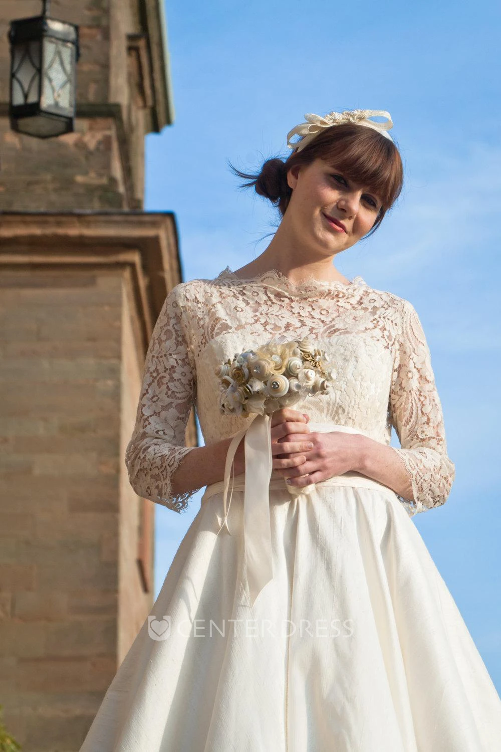 1950S High Neck Long Sleeve Pleated A-Line Tea Length Taffeta Wedding Dress