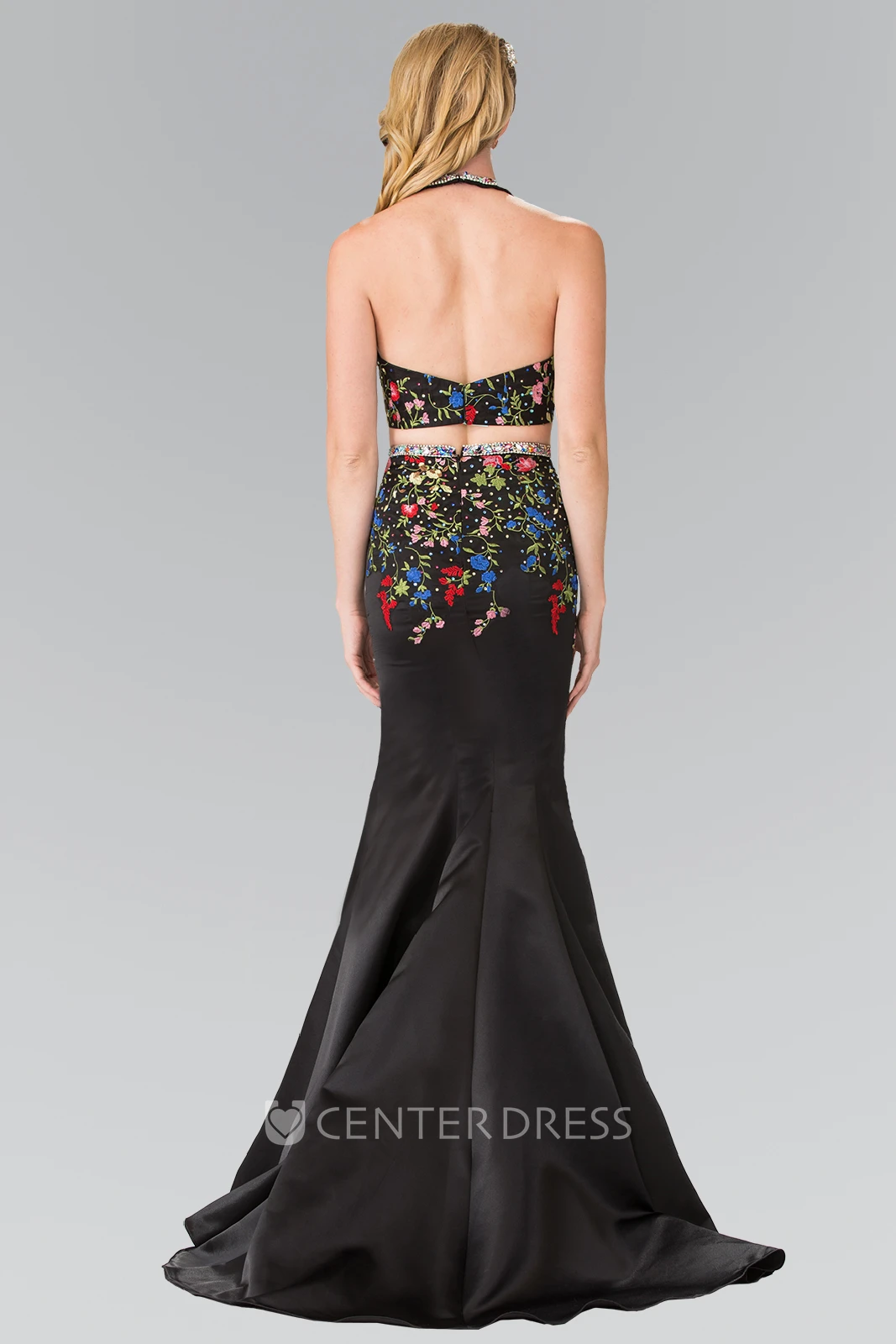 Two-Piece Sheath Scoop-Neck Sleeveless Satin Backless Dress With Beading And Embroidery