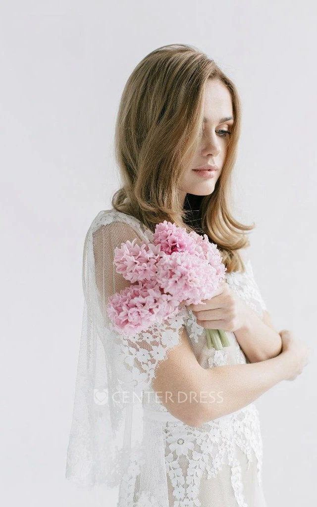 Ethereal V-Neck Bat Sleeve Tulle Dress With Pleats And Appliques