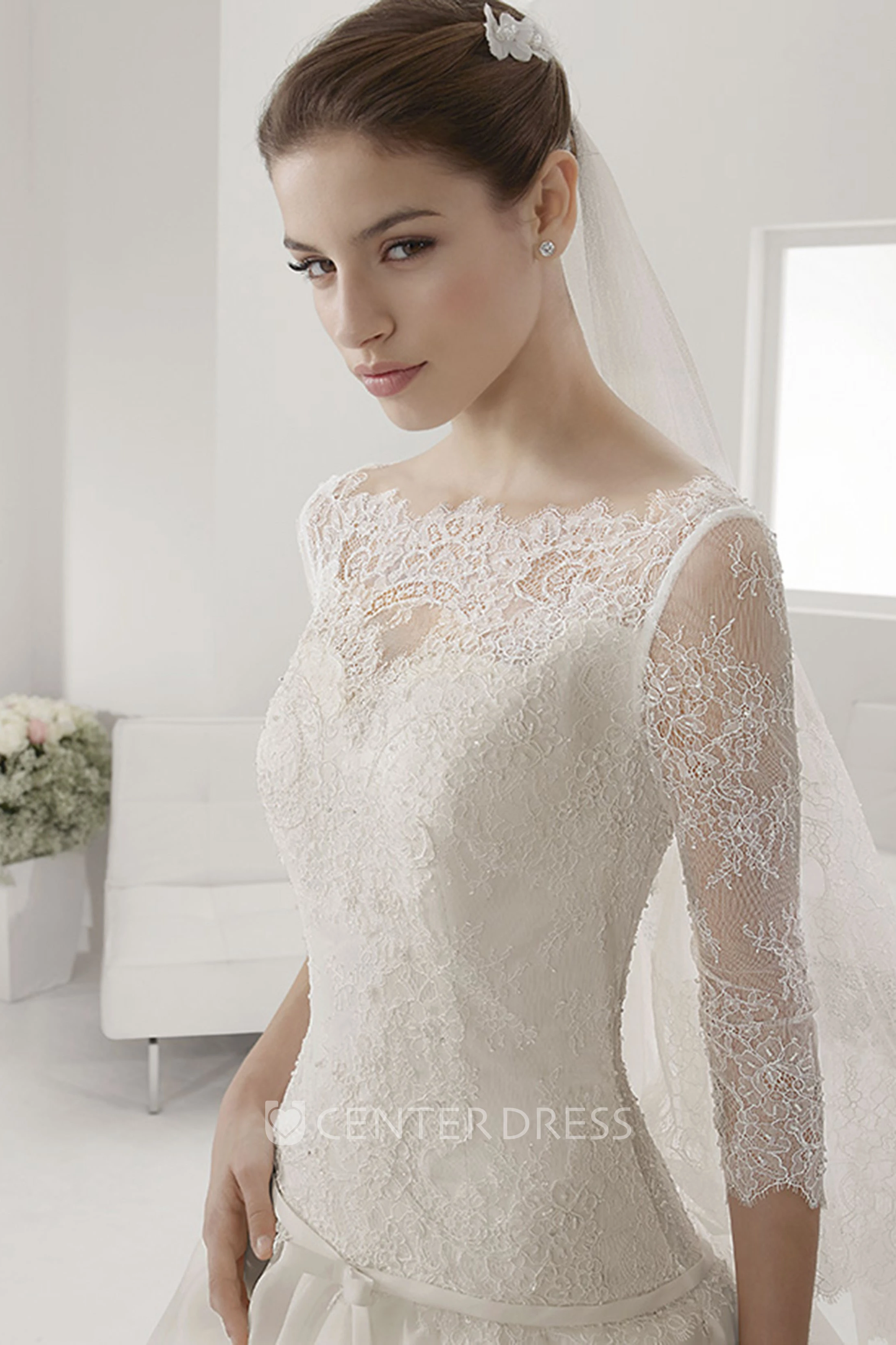 Illusion Bateau Drop Waist Ball Gown With Sash And 3-4 Sleeves
