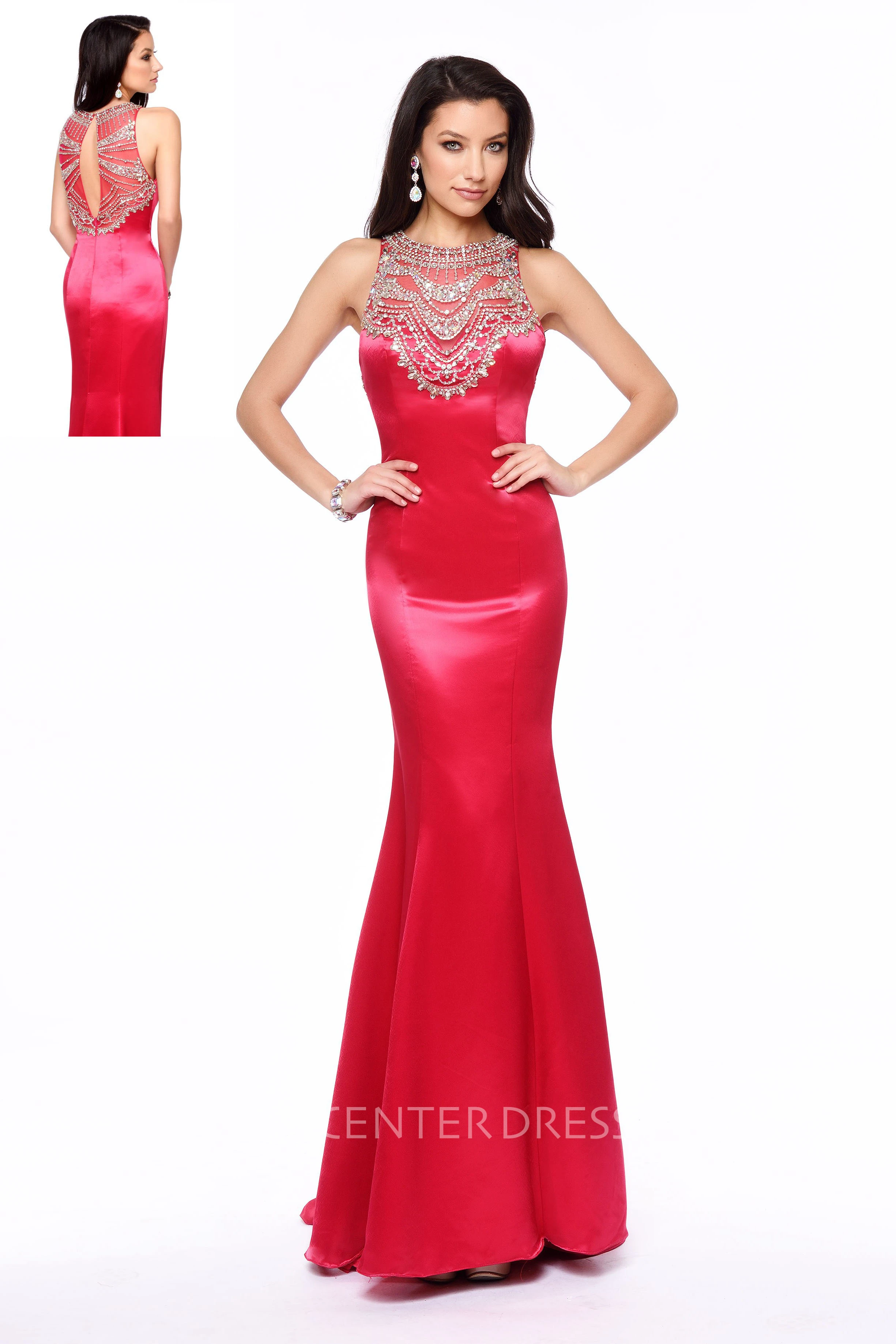Sheath Long Jewel-Neck Sleeveless Satin Illusion Dress With Beading