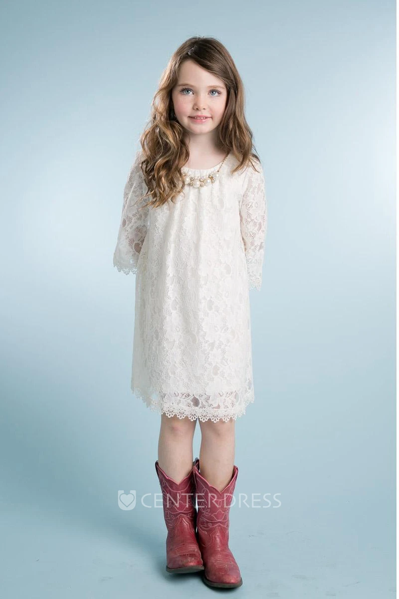 Tea-Length Scalloped Beaded Lace Flower Girl Dress