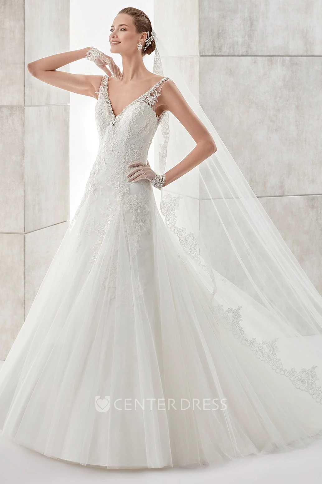 V-neck A-line Wedding Dress with Illusive Lace Straps and Low-V Back
