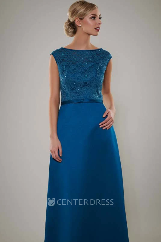 Floor-Length Bateau Neck Sleeveless Lace Satin Bridesmaid Dress With Beading