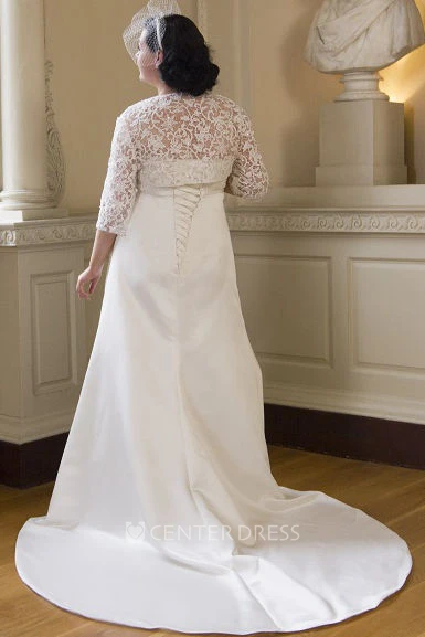 Sweetheart Taffeta Bridal Gown With Lace Bodice And 3-4-Sleeve Jacket