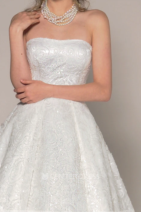 High-Low Strapless Beaded Lace Wedding Dress With V Back