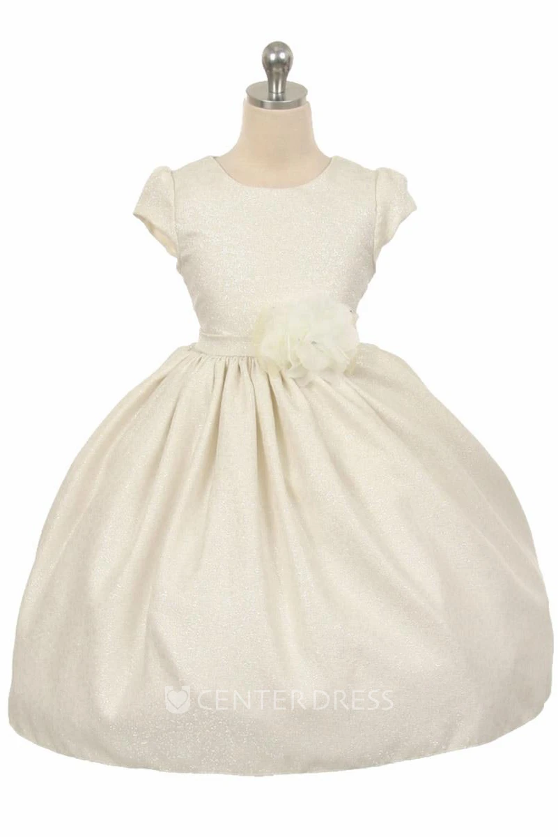 Floral Tea-Length Beaded Floral Flower Girl Dress With Ribbon