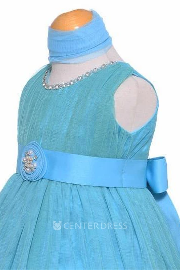 Tea-Length Jewel Pleated Tiered Tulle&Satin Flower Girl Dress