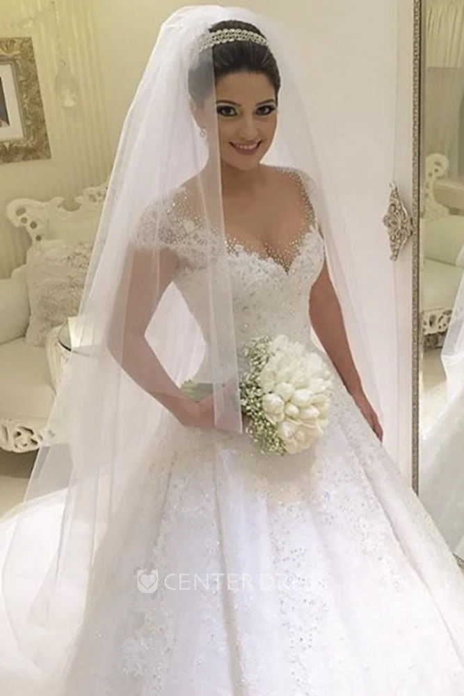 Luxury Beaded Cap Sleeve V-neck Pleated Lace Gown With Court Train